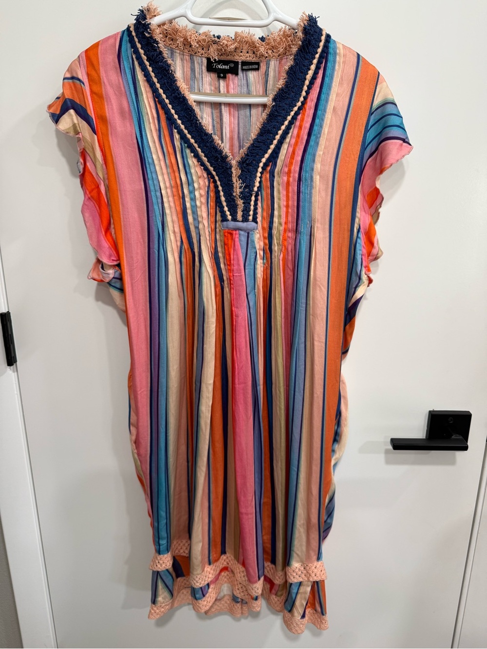 Tolani Multicolor Striped Fringe Crochet Tunic Dress Size S Short Ruffle Sleeve